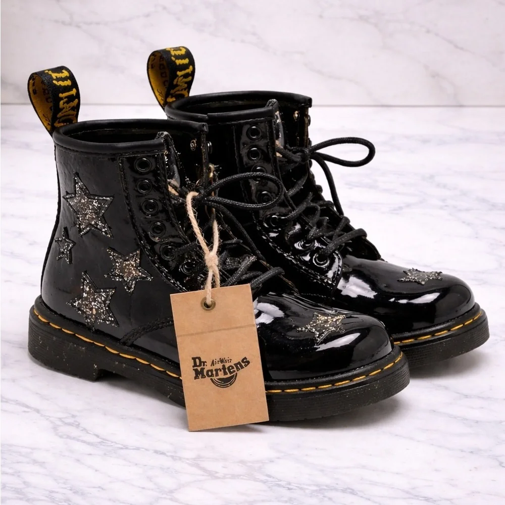 Dr. Martens 1460 T Kids Patent Leather Cosmic Glitter Star Boots Black Size US 8